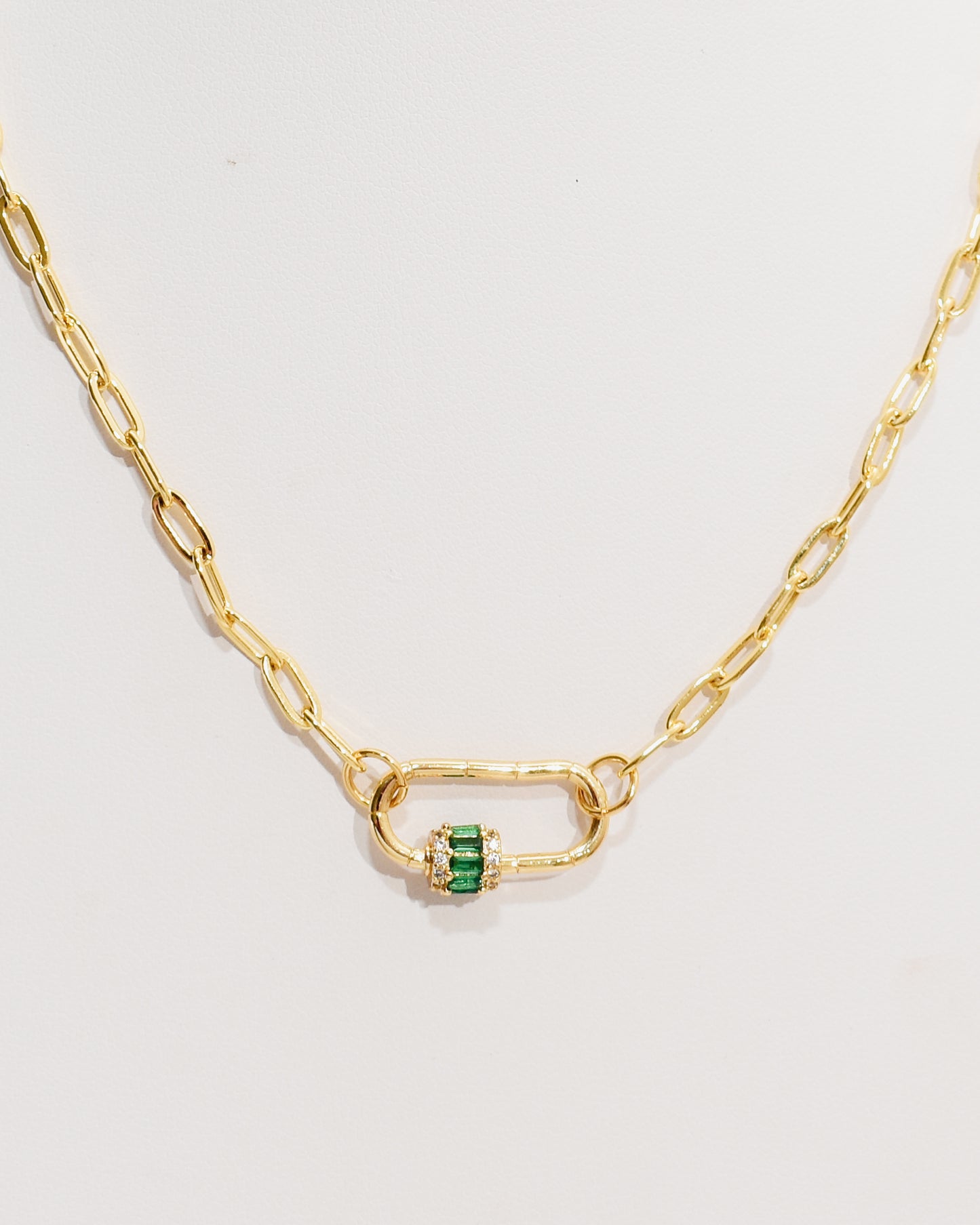 Small Carabiner Emerald Micro Pave Paperclip Necklace