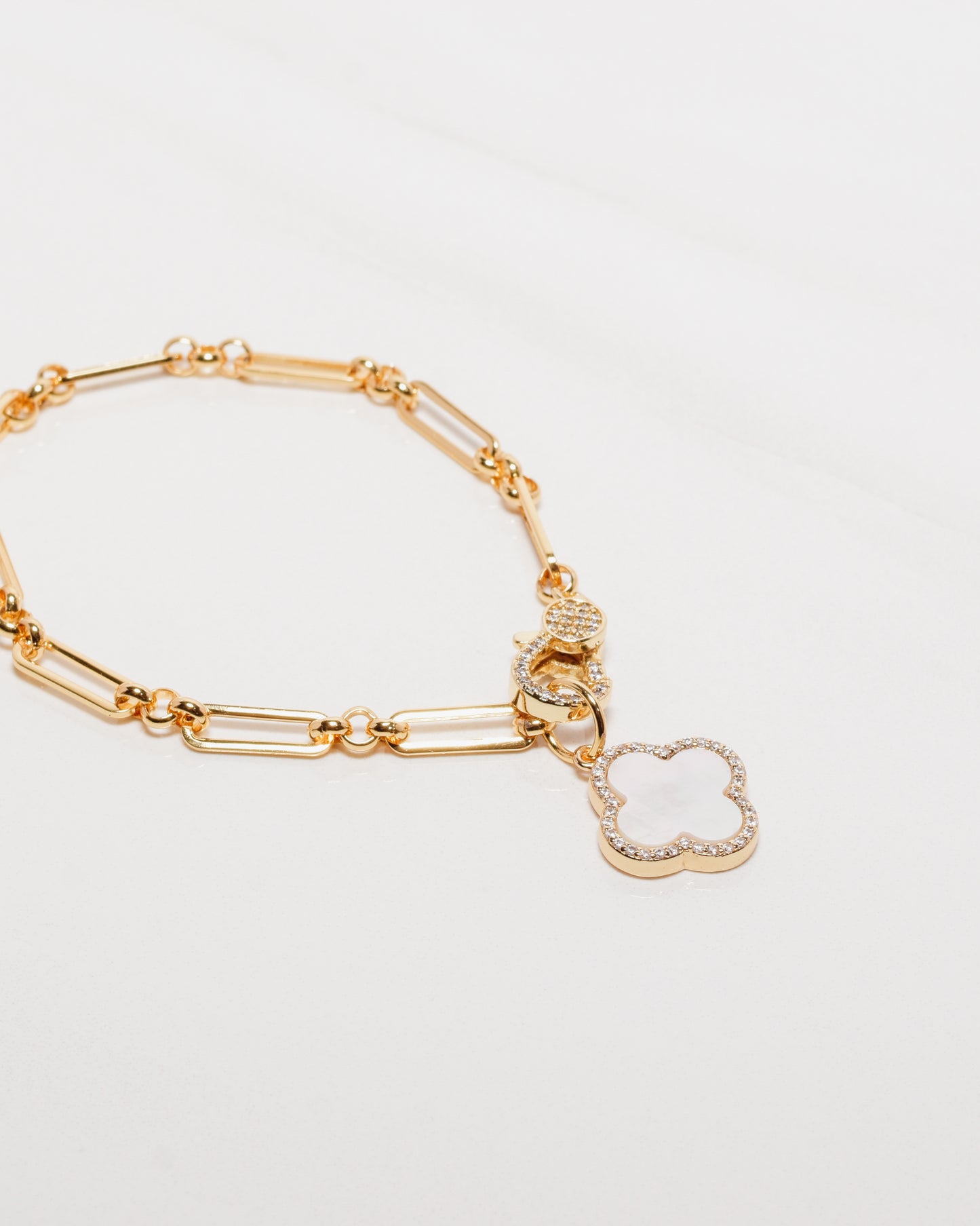 Clover Micro Pave Mother of Pearl Paperclip Bracelet