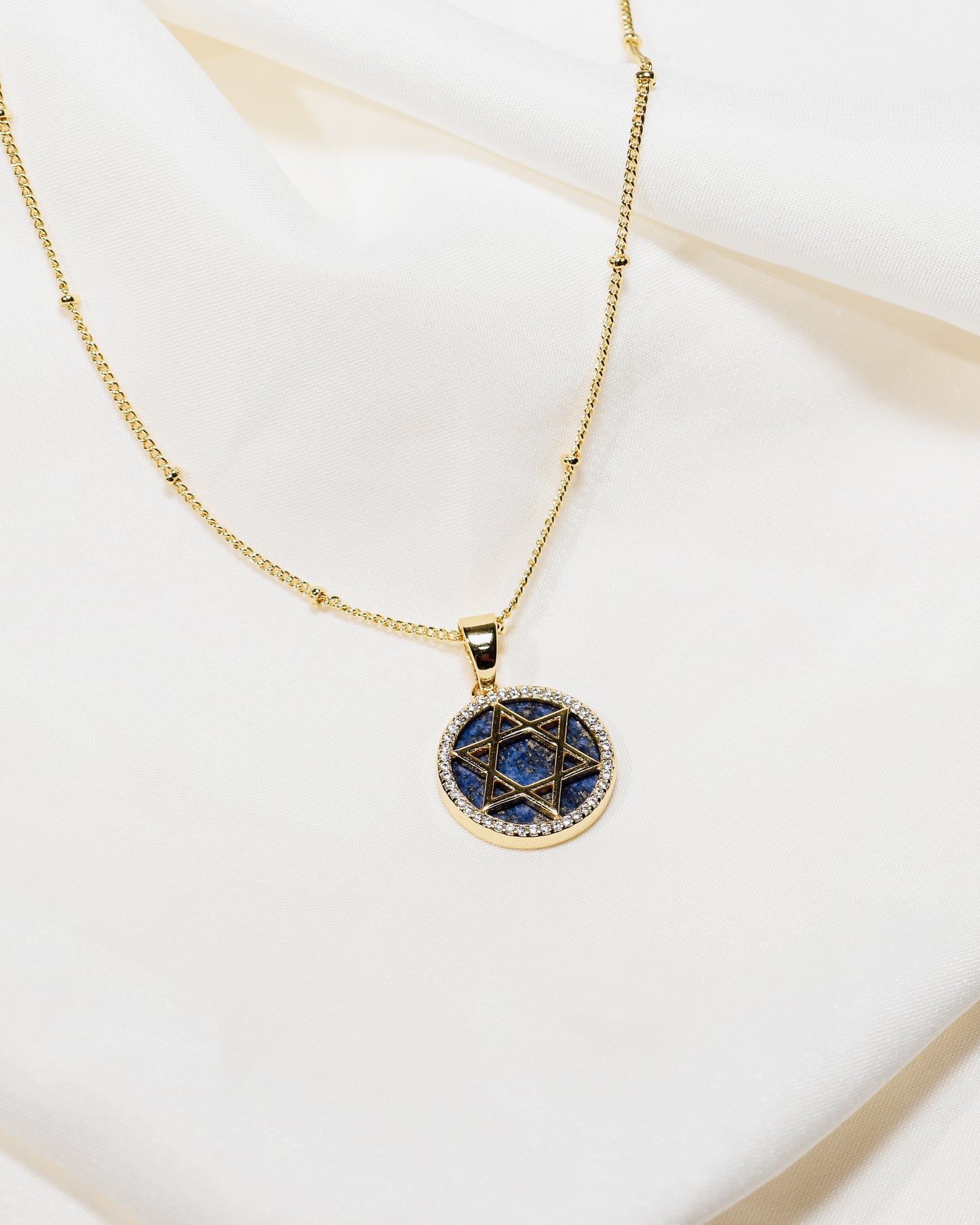 Blue Star of David Beaded Chain Necklace