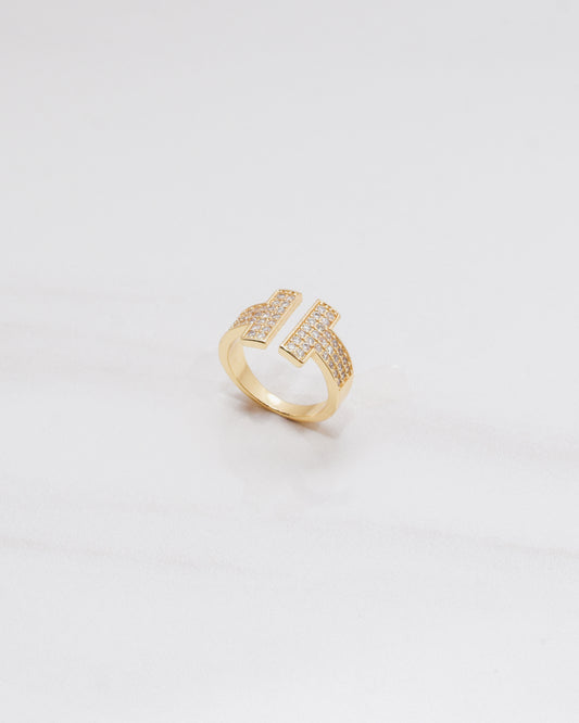 Double T Pave Open Crystal Ring