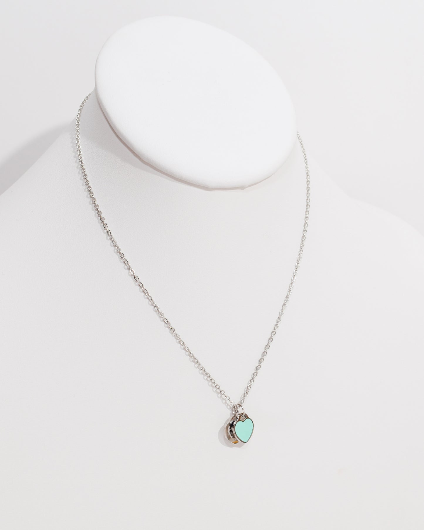 TC Turquoise Blue & Silver Dainty Double Heart Necklace
