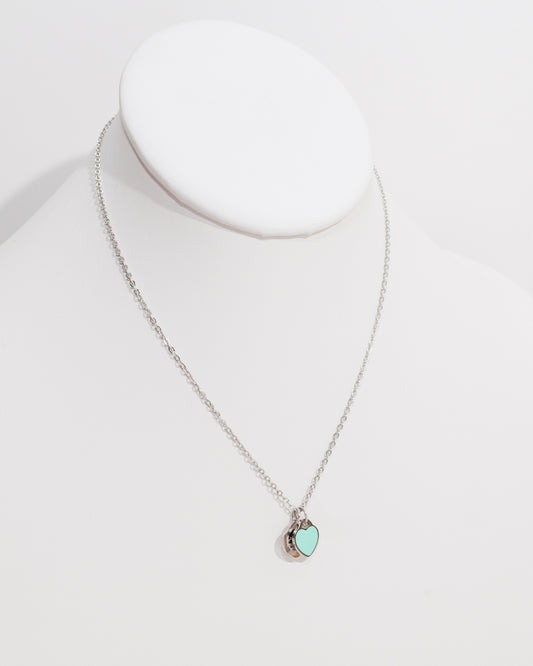 TC Turquoise Blue & Silver Dainty Double Heart Necklace
